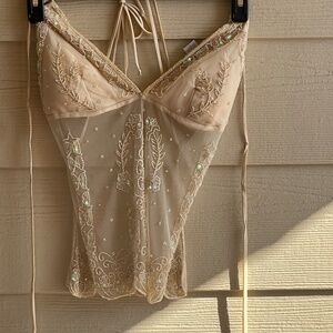 CHARLOTTE RUSSO Sheer Backless Halter Top - Lace with Sequins & Beads SIZE M